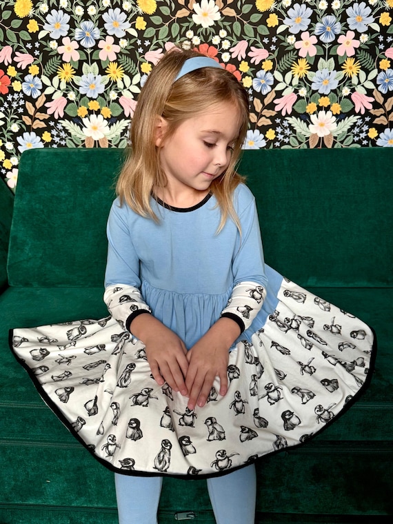 Blue Penguin Dress Outfit Set for Toddler Girls — Long Sleeve