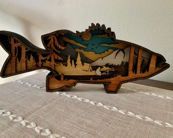 Bass Camping Multi-layered wood, Fishing Decor, Bass Gift, Man Cave, Gifts for Men, Bass Fishing Gift, Fisherman Gift, Bass Fish, Camping