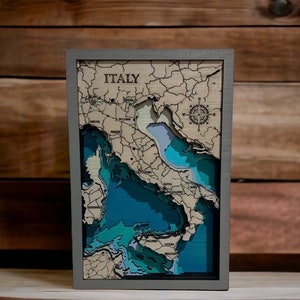 Hölzerne Landkarte Italien, geschnitzt, topographische 3D-Wandkunst, Tiefenkarte, Topographie Italiens