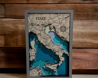 Wooden Italy Map Carved, Topographic 3D Wall Art, Depth Chart Map, Topography of Italy