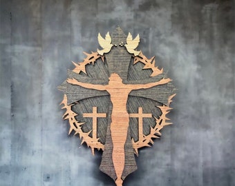 Cross of Thorns| Wood Carved  Cross | Easter Cross | He Has Risen Cross | Good Friday | Holiday Decor | Reserection Cross | Crown of Thorns