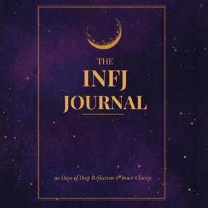 May include: A journal with a dark purple and gold design. The cover features the text "THE INFJ JOURNAL" in gold lettering, with a crescent moon and stars. The bottom of the journal reads "90 Days of Deep Reflection & Inner Clarity."