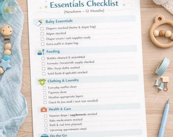 May include: A baby's weekly essentials checklist for newborns to 12 months. The checklist includes sections for baby essentials, feeding, clothing & laundry, health & care, on-the-go, and optional add-ons. A pacifier, pen, and toy are also visible.