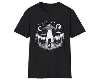 Bigfoot UFO T-Shirt, Vintage Cryptid Graphic Tee, Sasquatch and Loch Ness Gift