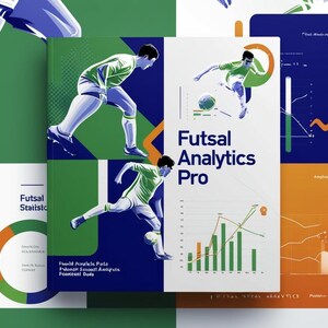 Könnte beinhalten: Ein weißes Booklet mit dem Titel "Futsal Analytics Pro" in blauer Schrift. Das Booklet zeigt Illustrationen von Fußballspielern in Grün, Blau und Weiß sowie Diagramme und Grafiken in Grün, Blau und Orange.