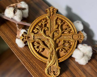Cruz del Árbol de la Vida hecha a mano – Regalo de Navidad, 18 x 24 cm, Arte de pared de madera, Regalo para inauguración de casa