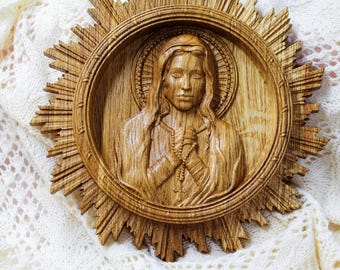 Holy Rosary Wall Art – Blessed Virgin Mary Wooden Icon, Mother Mary Our Lady Relief,  Christian Gift for Women, Mother’s Day Gift