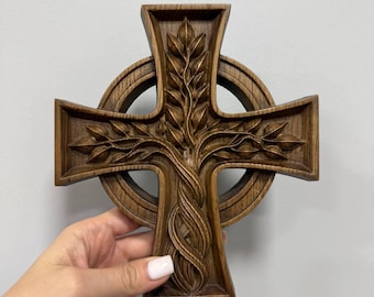 Cruz cristiana del Árbol de la Vida – Talla de madera moderna, 15 x 18 cm, regalo de inauguración de la casa, detalles navideños, decoración navideña, arte mural abstracto
