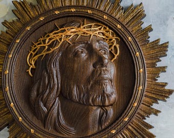 イエス・キリストのアイコン - 木製のアイコン、キリストの聖顔、手彫りの宗教的な壁アート、キリスト教の贈り物、宗教的なキリスト教の壁アート
