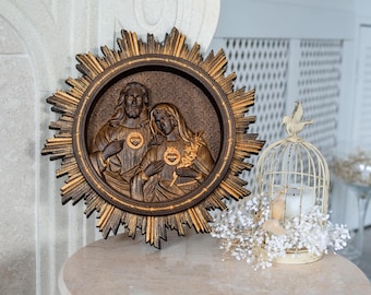 Icono de madera de los Sagrados Corazones de Jesús y María, arte religioso de pared tallado a mano, regalo cristiano para mamá, decoración católica personalizada para el hogar.