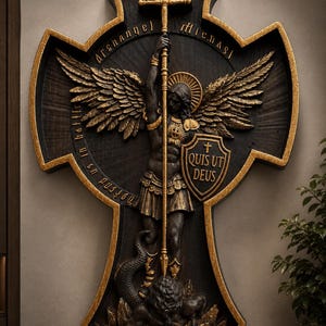 Peut inclure: Une croix murale en bois détaillée représentant l'Archange Michel, tenant une lance et un bouclier avec l'inscription "Quis Ut Deus". La sculpture a des accents dorés et représente Michel vainquant un démon. La croix est marron foncé avec des bordures dorées.