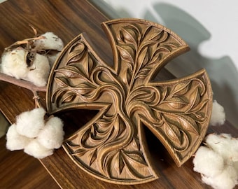 Cruz cristiana Árbol de la Vida – Talla moderna en madera, 18 cm, Arte mural hecho a mano, Regalo de inauguración, Arte mural en madera de roble para el hogar, Adornos navideños