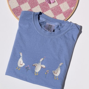 Goose Embroidered Tee Embroidered Duck Shirt Embroidered Goose Shirt Ducks & Flowers Tee Embroidered Geese Flowers T-Shirt