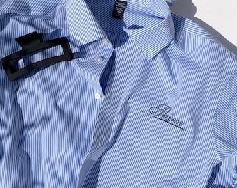 Oxford Pinstripe Button Up Shirt Stripe Button Down 90 Preppy Button Down Banker Stripe Minimalist Embroidery Pocket Oxford Shirt Embroidery
