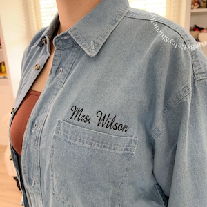 Embroidered Denim Custom Shirt Embroidered Oversized Denim Button Down Boyfriend Cotton Shirt Minimalist Embroidered Monogram Oxford Shirt