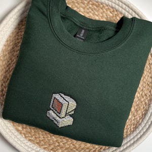 Retro Computer Embroidered Sweatshirt Pixelated Style Gamer Crewneck Vintage Tech Embroidery Geek Gift Nerd Gift Old Computer Fan Gift