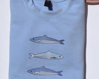 Embroidered Sardines Sweatshirt Coastal Fisherman Style Trendy Sardines Sweatshirt Coastal Travel Sweatshirt Gift for Fisherman Gift for Dad