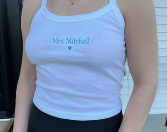 Custom Embroidered Tank Spaghetti Strap Tank Top Personalized Women Cropped Ribbed Tank Top Custom Bride Bridal Party Custom Y2K Embroidery