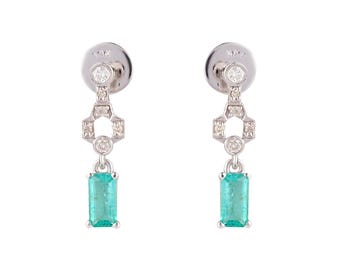 14k Gold Baguette Emerald And Diamond Earrings/ Green Emerald baguette cut screw Back Earrings/ Everyday Earrings for Women