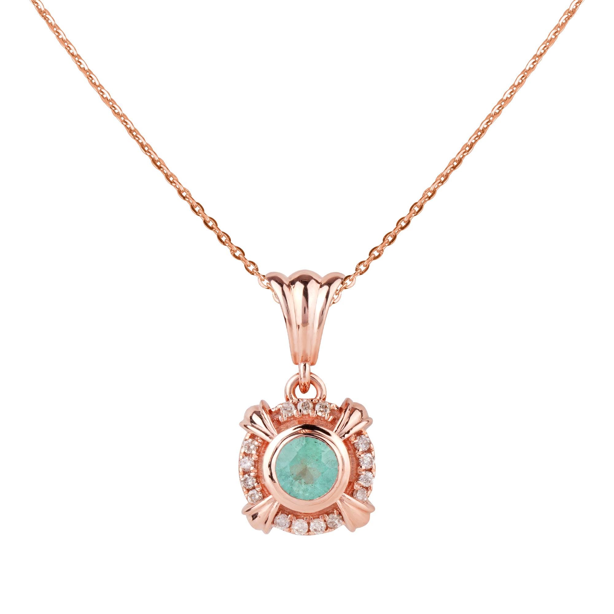 Vintage 14K Round Diamond Necklace/ Natural green round solitaire halo Diamond Pendant Necklace / Minimal Diamond Necklace