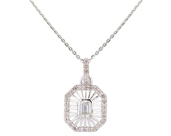 Emerald Halo Pendant In 14k Yellow Gold With Diamond Accents / Natural Diamond Emerald Cut Solitaire halo Pendant / Emerald Diamond Pendant