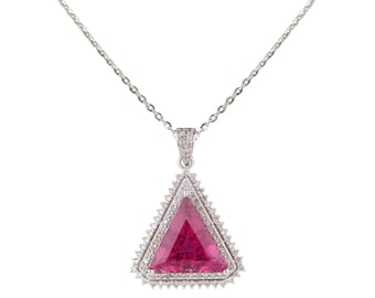Vintage 14K Rubellite Triangle Diamond Necklace/ Natural Pink Tourmaline solitaire halo Diamond Pendant Necklace / Minimal Diamond Necklace