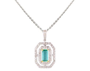 Art deco halo Diamond and Emerald pendant necklace / Elegant gold emerald jewelry / 14k gold halo pendant natural diamonds Best Gift For Her