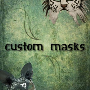 May include: Two custom animal masks, one white with black stripes and the other black with white markings, on a green background with the text "custom masks".