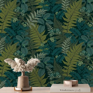 Green Botanical Fern Wallpaper | Moody Maximalist Forest Peel and Stick | Lush Dark Teal Botanical Wallpaper | Moody Cottagecore Wall Mural