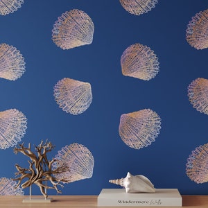 Elegant Ocean Blue Seashell Wallpaper | Minimalist Maritime Peel and Stick Wallpaper | Coastal Accent Wall Wallpaper | Sea Shell Wall Decor