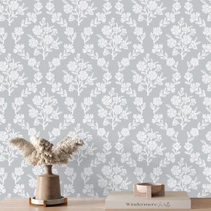 Elegant Floral Damask Wallpaper | Vintage Floral Trellis Peel and Stick | Grey Blue French Country Flower Wallpaper | French Cottage Decor