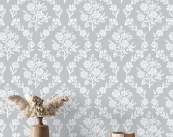 Elegant Floral Damask Wallpaper | Vintage Floral Trellis Peel and Stick | Grey Blue French Country Flower Wallpaper | French Cottage Decor