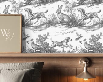 Toile Hunting Dogs Wallpaper | Woodland Animals Nursery Wallpaper | Rural Pastoral Landscape Peel and Stick | Vintage French Country Decor