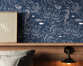 Blue Ocean Animals Wallpaper | Octopus Wallpaper for Nursery | Nautical Under the Sea Peel and Stick Wallpaper | Coastal Sea Life Wallpaper