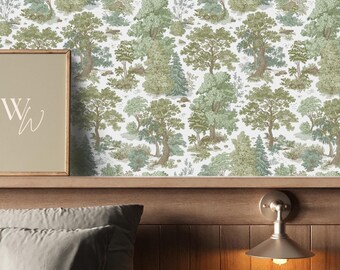 Vintage Woodland Forest Wallpaper: Muted Green Scenic Tree Peel and Stick Wallpaper