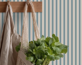 Vertical Stripe Wallpaper in Muted Blue and Brown Beige: Striped Farmhouse Kitchen Peel and Stick
