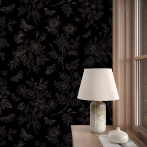 Subtle Dainty Dark Floral Wallpaper | Elegant Brown Flower Wallpaper | Vintage Black Botanical Peel and Stick | Dark Cottage Core Wall Decor