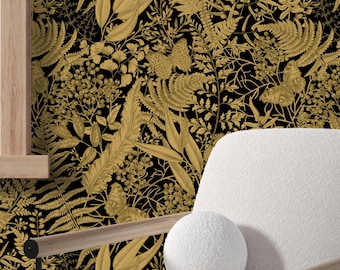Black and Gold Botanical Wallpaper | Moody Maximalist Peel and Stick Mural | Dark Botanical Forest Wallpaper | Luxurious Vintage Wall Decor