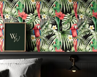 Dark Tropical Birds Wallpaper | Parrot Wallpaper | Tropical Floral Wallpaper | Red Hibiscus Watercolor Wallpaper | Tropical Plants Wallpaper