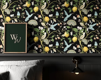 Dark Hummingbirds & Lemons Wallpaper | Black Botanical Floral Peel and Stick Wall Covering | Kitchen Bathroom Bedroom Accent Wall Wallpaper