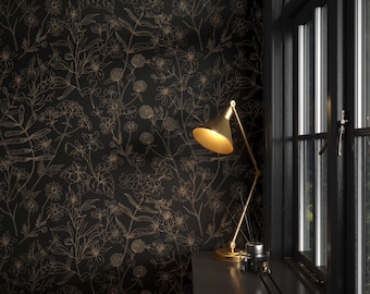 Subtle Black Floral Wallpaper | Dainty Flower Wallpaper | Dark Botanical Wallpaper | Beige Line Art Wallpaper | Vintage Boho Wall Art Decor
