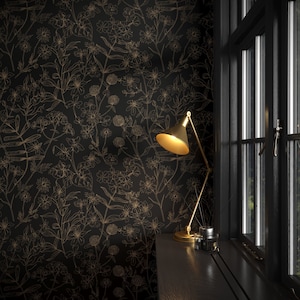 Subtle Black Floral Wallpaper | Dainty Flower Wallpaper | Dark Botanical Wallpaper | Beige Line Art Wallpaper | Vintage Boho Wall Art Decor