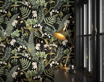 Dark Fern Peel and Stick Wallpaper | Green and Black Botanical Wallpaper | Maximalist Dark Academia Wallpaper | Moody Bathroom Wall Decor