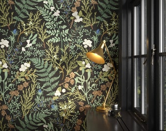Vintage Moody Botanical Fern Wallpaper | Black Cottagecore Peel and Stick Wallpaper | Dark Academia Wallpaper | Maximalist Forest Wall Decor