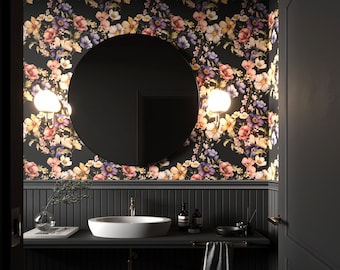 Dark Moody Whimsical Floral Wallpaper | Botanical Peel & Stick Wallpaper | Removable Wallpaper | Temporary Wallpaper | Moody Accent Wall