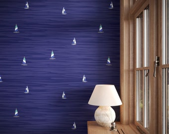 Minimalist Dark Blue Nautical Sailboat Wallpaper | Subtle Ocean Waves Traditional & Peel and Stick Wallpaper | Coastal Maritime Wall Decor