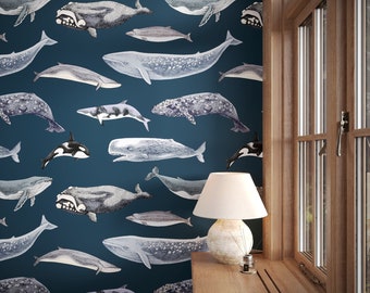 Vintage Dark Blue Marine Animals Wallpaper | Nautical Sea Life Nursery Peel and Stick Wallpaper with Whales | Coastal Beach House Wall Decor