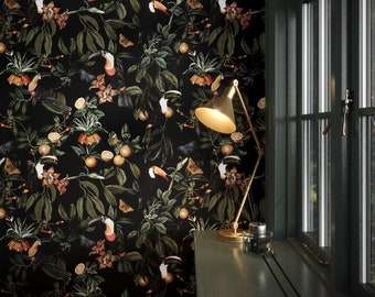 Dark Tropical Wallpaper with Toucans Oranges Butterflies and Flowers | Moody Botanical Jungle Wallpaper | Removable Peel and Stick Wallpaper