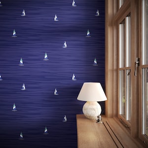 Minimalist Dark Blue Nautical Sailboat Wallpaper | Subtle Ocean Waves Traditional & Peel and Stick Wallpaper | Coastal Maritime Wall Decor