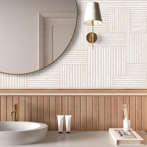 Neutral Irregular Lines Wallpaper | Geometric Striped Peel and Stick | Modern Minimalist Brush Stroke Wallpaper | Beige Abstract Wall Decor